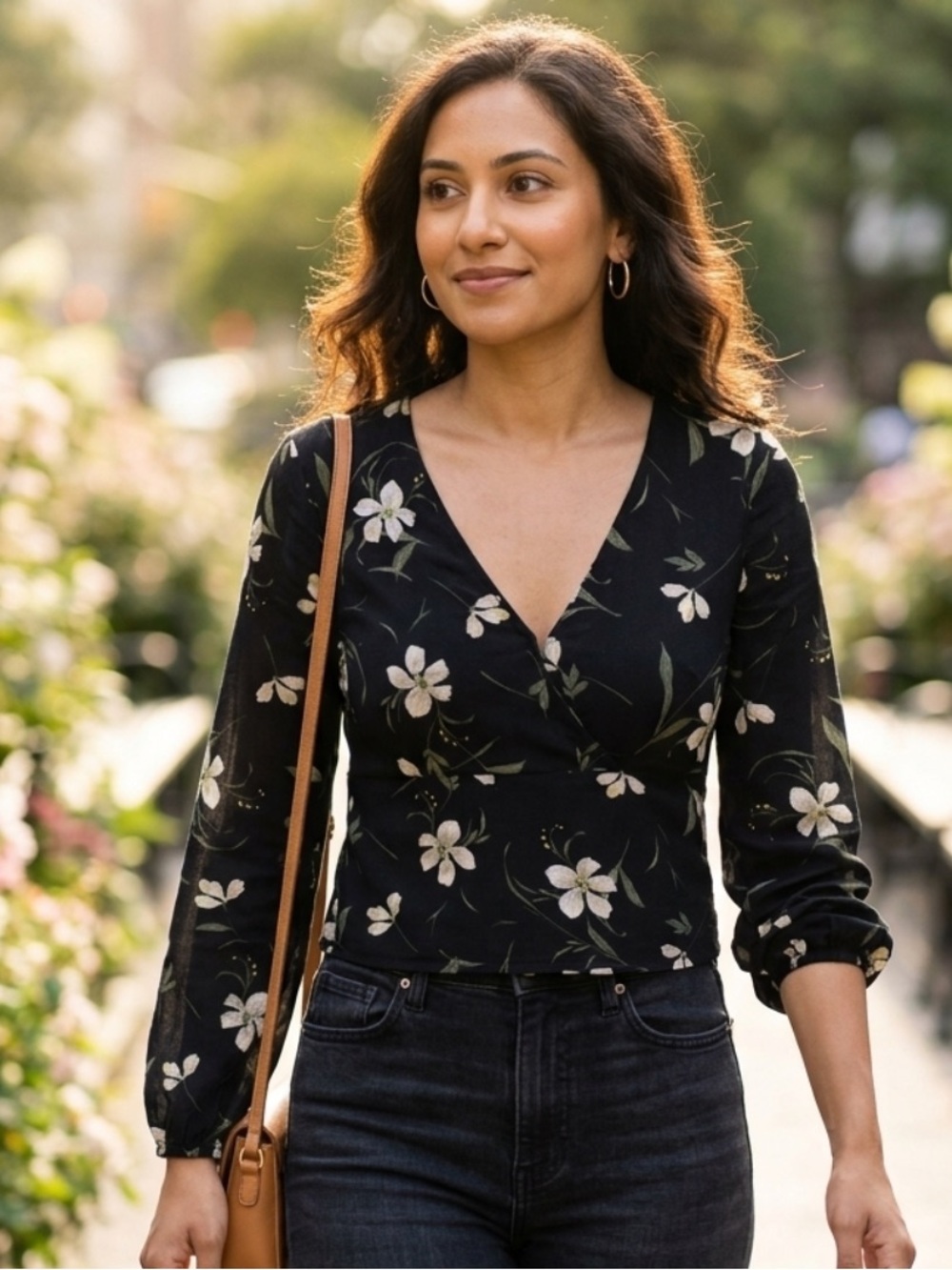 Dynamite Black Floral Wrap V-Neck Blouse